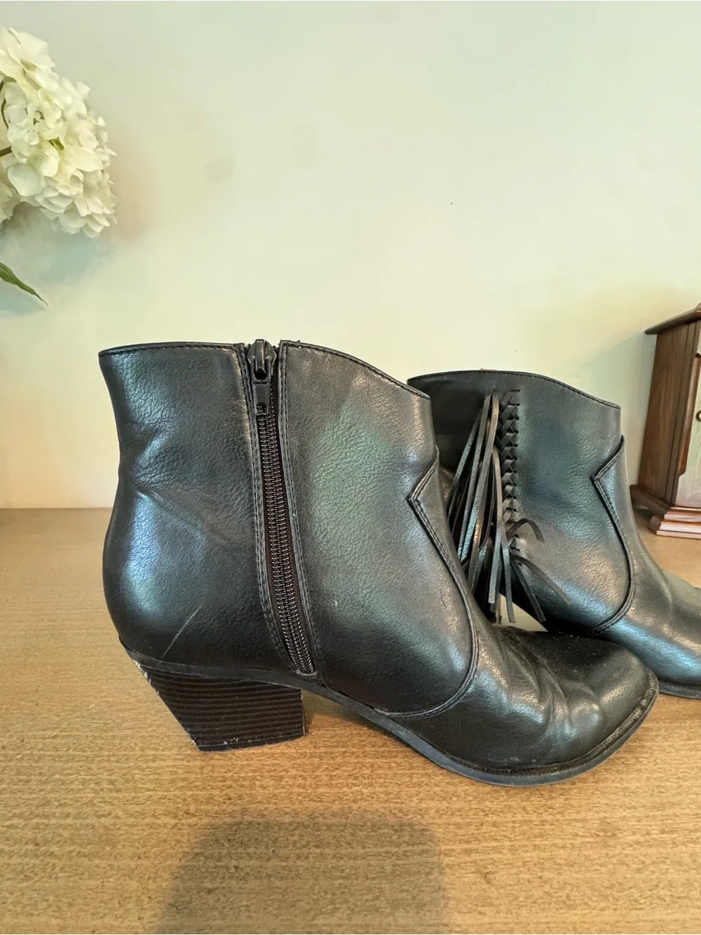 Women's Black Leather Fringe Ankle Boots
